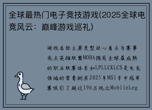 全球最热门电子竞技游戏(2025全球电竞风云：巅峰游戏巡礼)